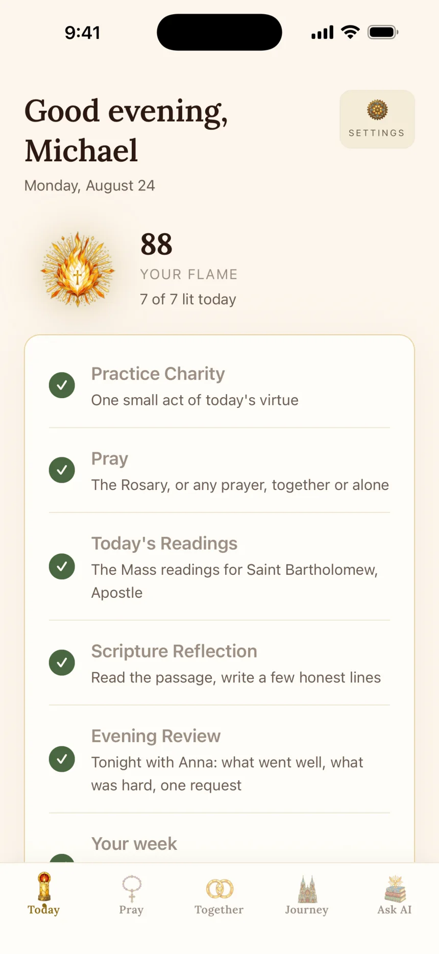 The Matrimony app's Today screen: a daily flame, then today's virtue, prayer, Mass readings, Scripture reflection and evening review, each checked off
