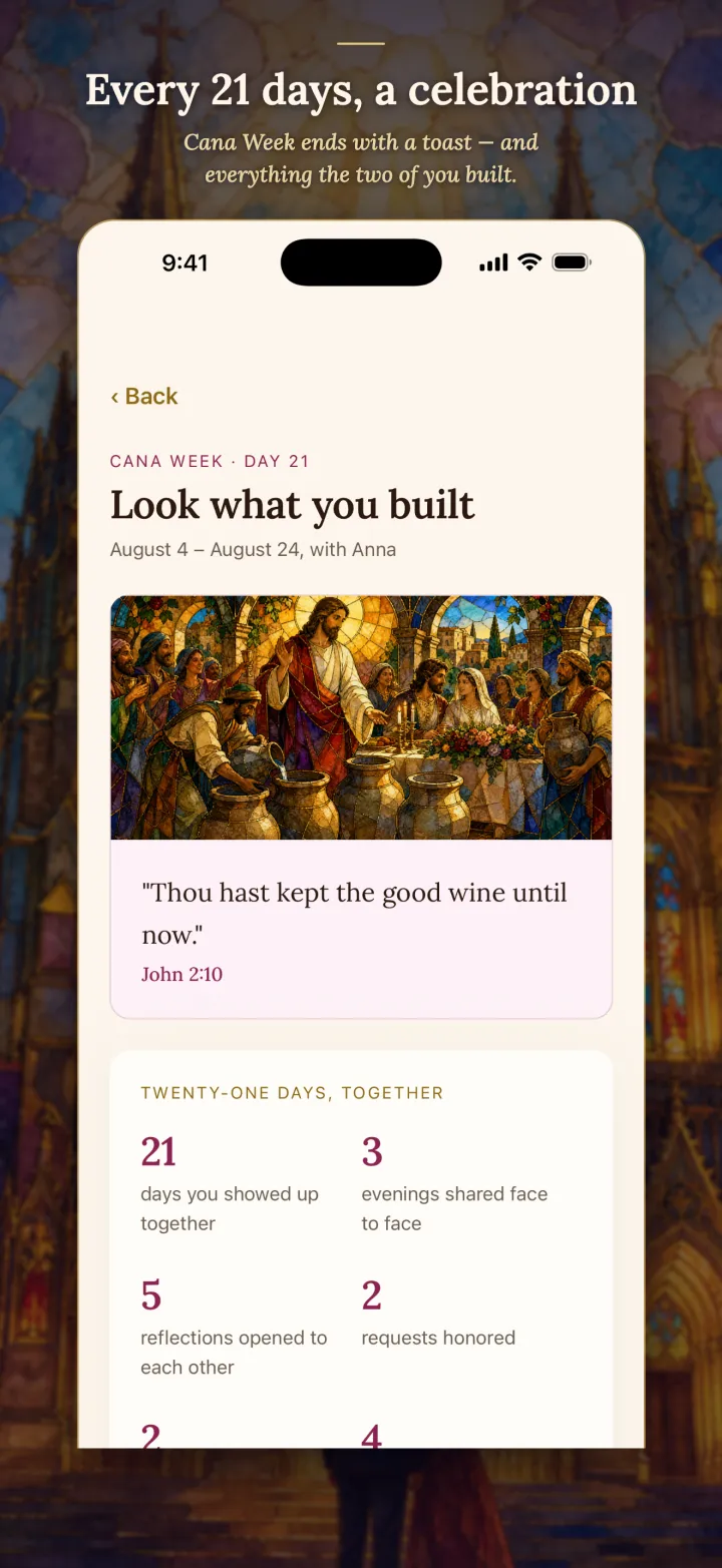 Every 21 days, a celebration. Cana Week ends with a toast, and everything the two of you built.