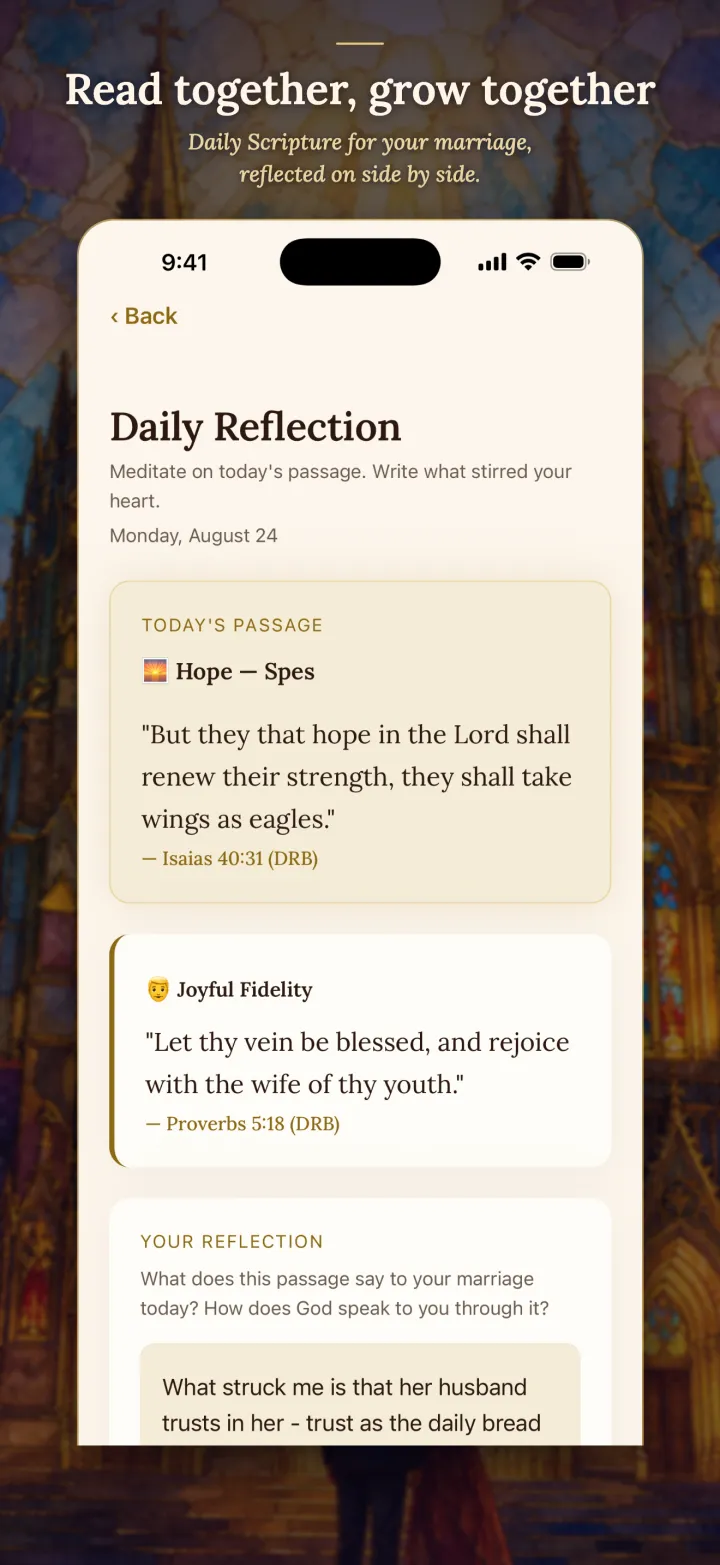 Read together, grow together. Daily Scripture for your marriage, reflected on side by side.